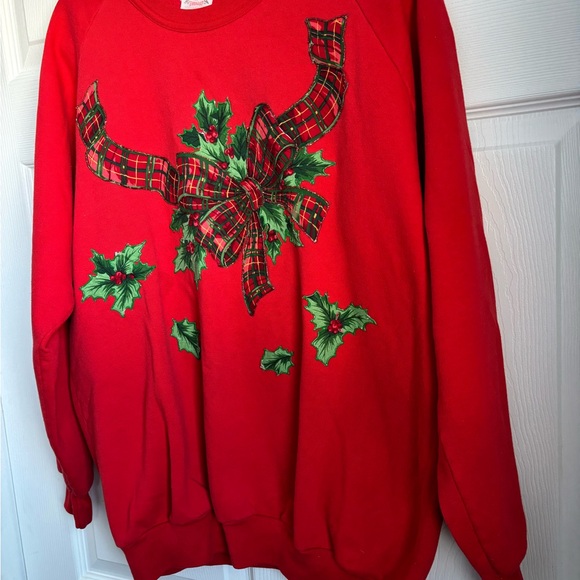 Vintage Hand-decorated Red Holiday Sweatshirt with Plaid Bow and Holly - Size XL - Picture 3 of 7